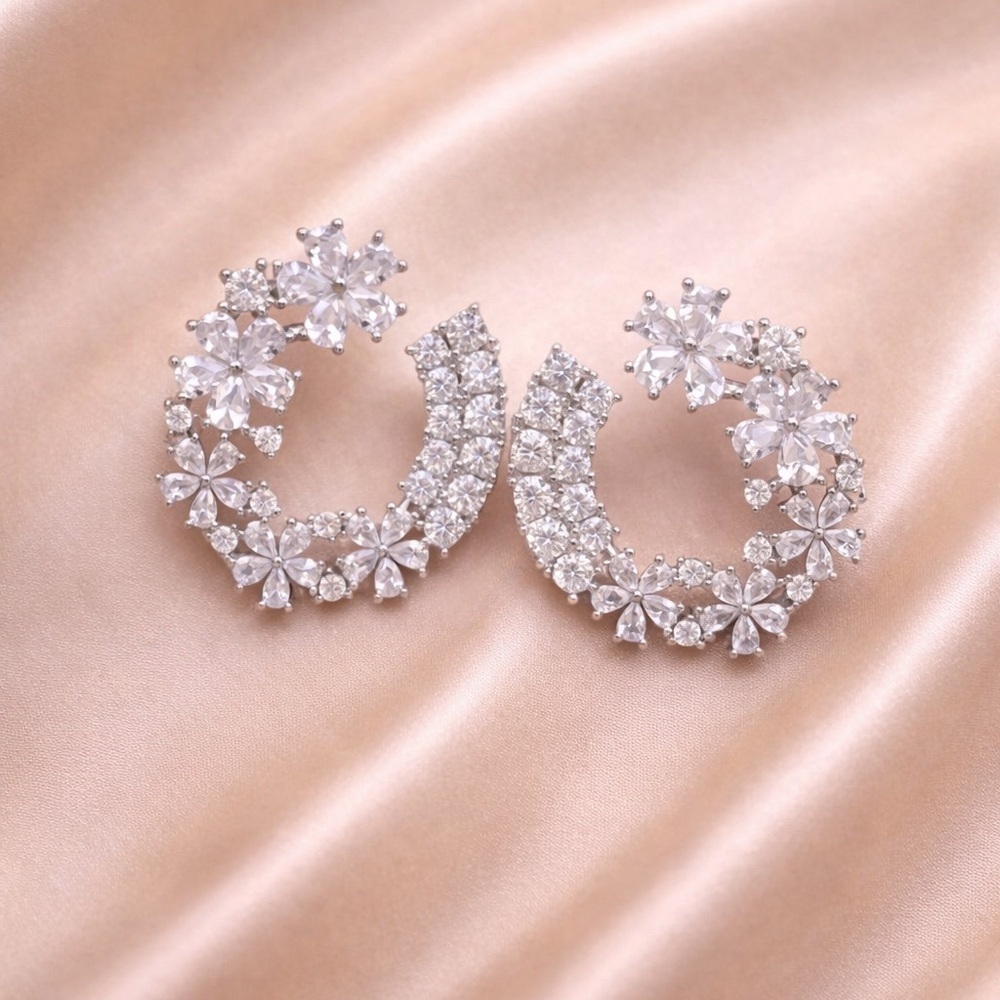 Floral Crescent Diamond Statement Earrings - Picture 3 of 7